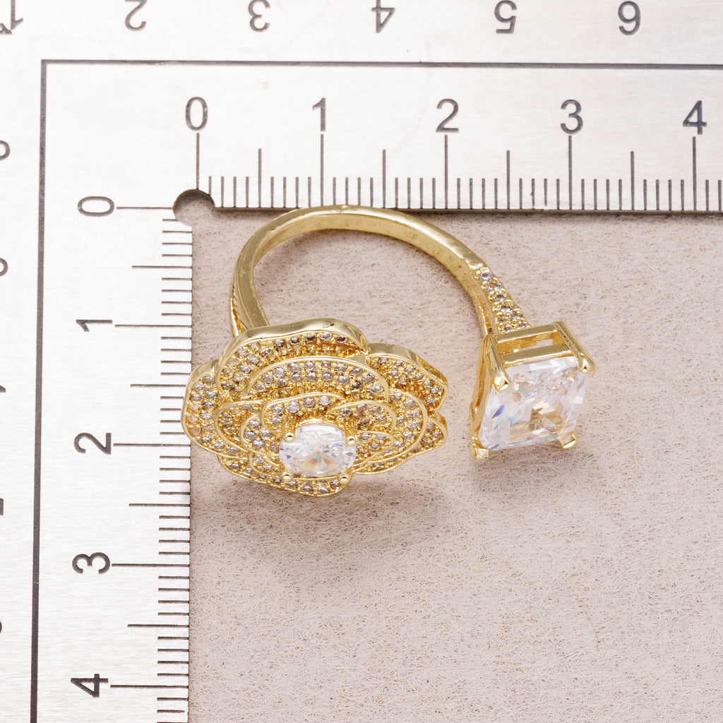 24K Gold Plated Micro Paved CZ Baguette Flower Statement Adjustable Ring