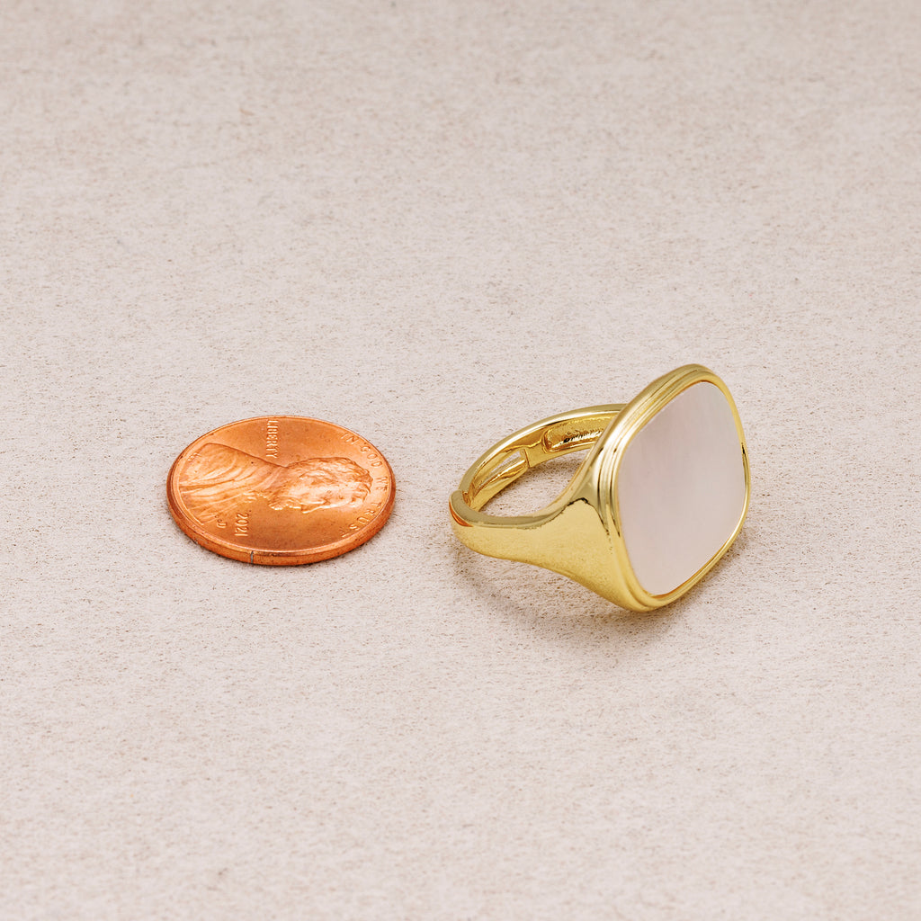 24K Gold Plated Vintage Mother of Pearl Signet Ring Adjustable Ring