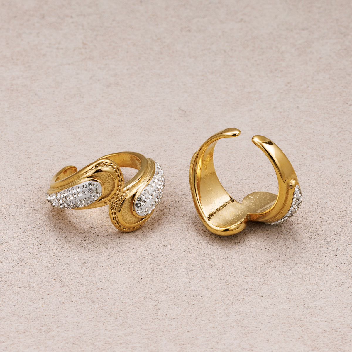 Gold PVD Stainless Steel Micro Paved CZ Teardrop Adjustable Ring