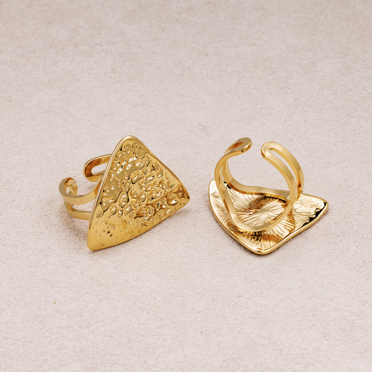 Gold PVD Stainless Steel Hammered Triangle Statement Adjustable Ring