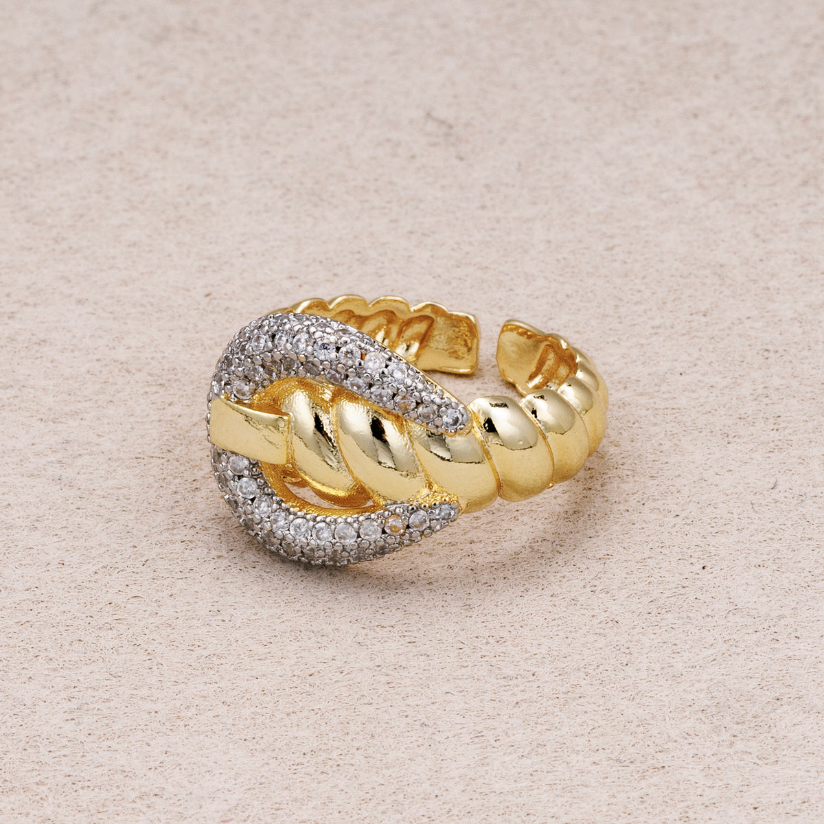 14K Gold Plated Micro Paved CZ Twisted Rope Buckle Statement Adjustable Ring