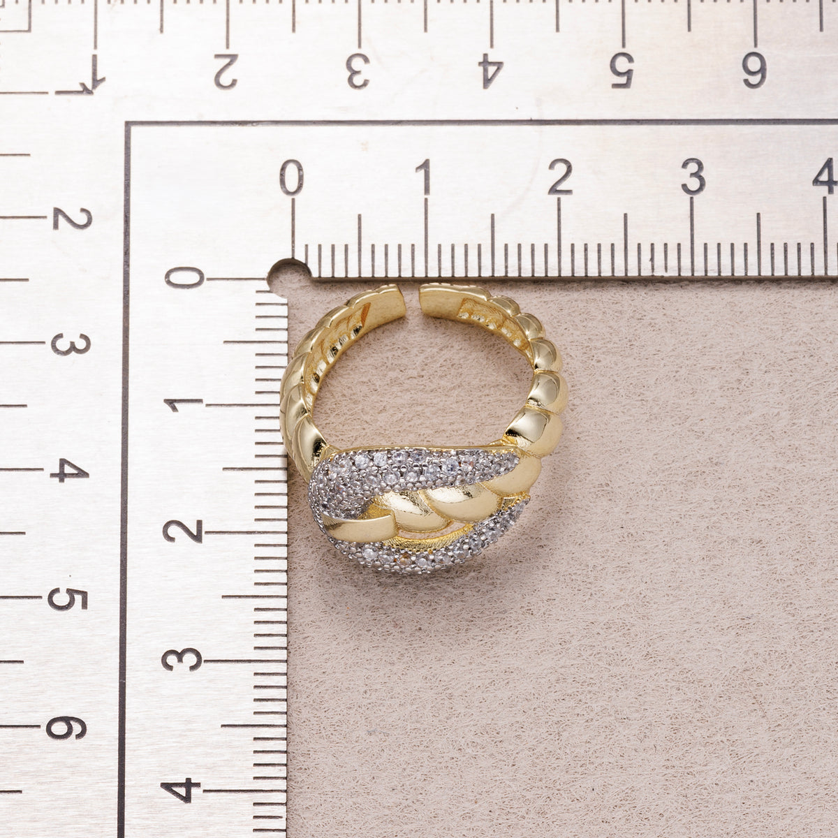 14K Gold Plated Micro Paved CZ Twisted Rope Buckle Statement Adjustable Ring