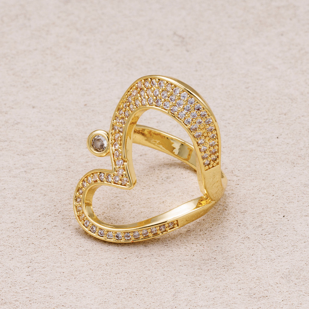 24K Gold Plated Micro Paved CZ Love Heart Open Adjustable Ring