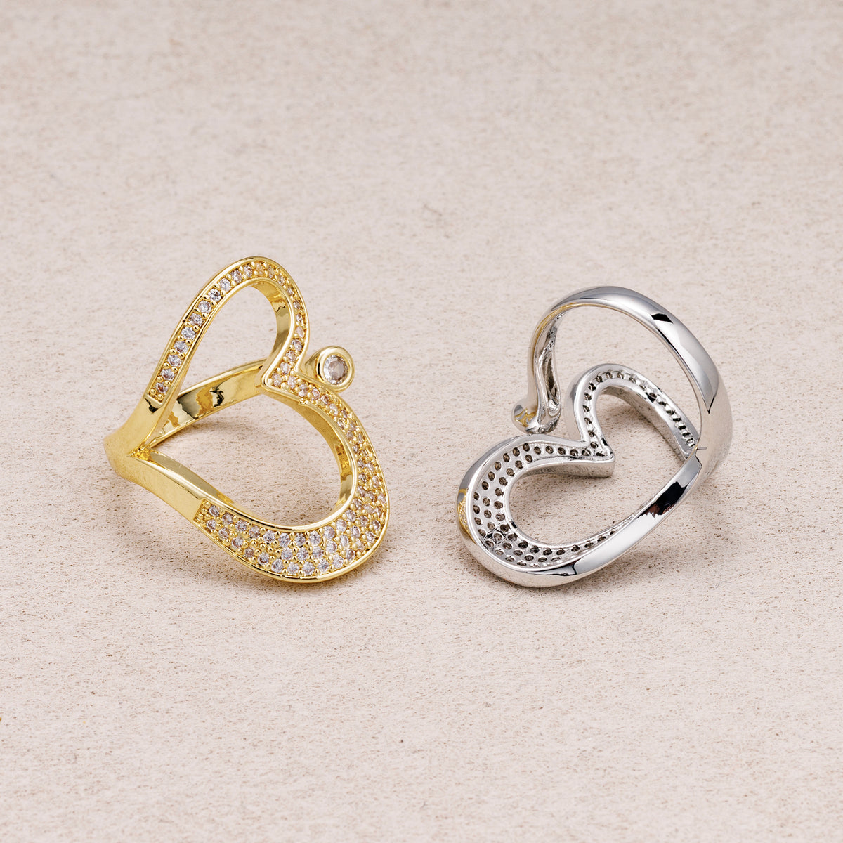 24K Gold Plated Micro Paved CZ Love Heart Open Adjustable Ring