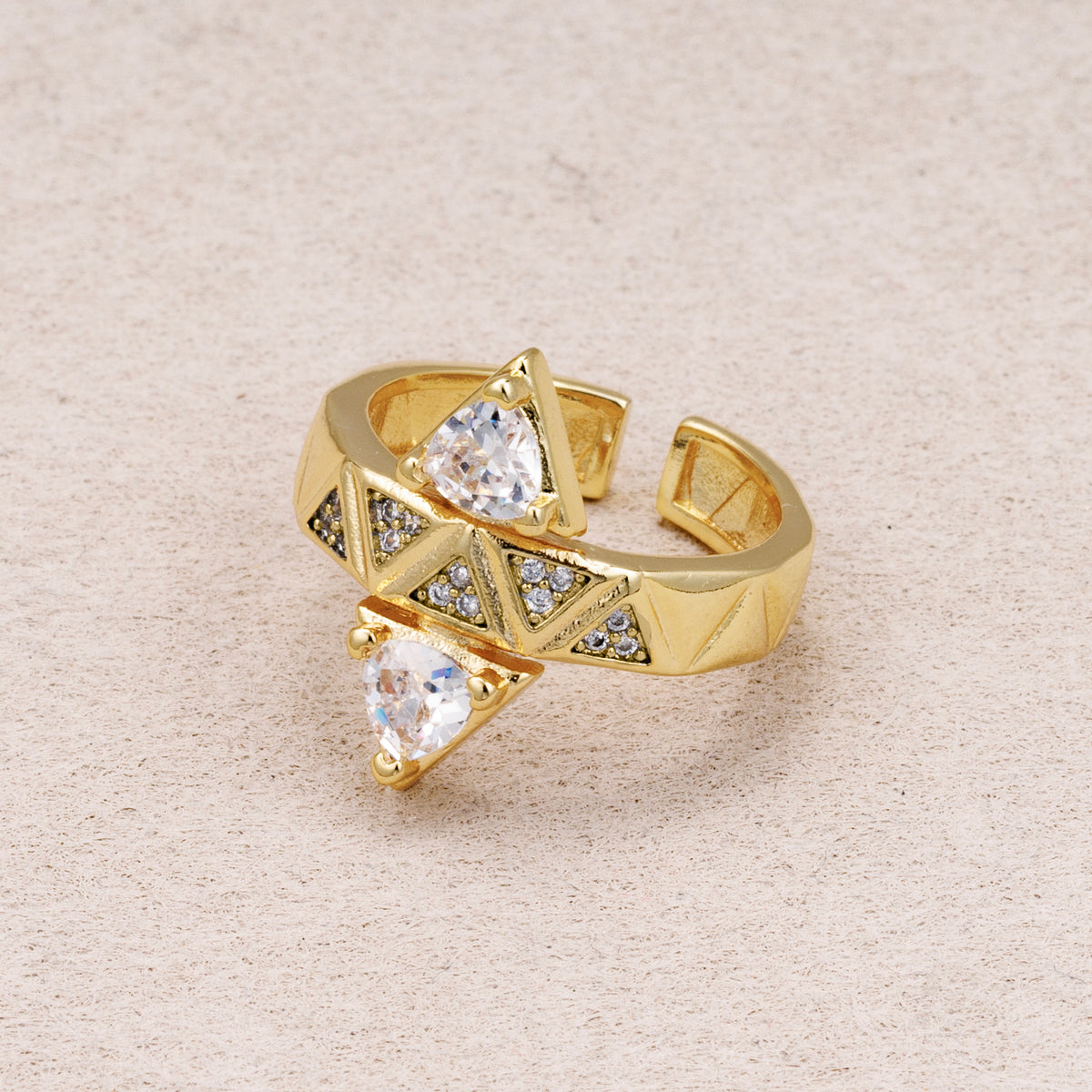 14K Gold Plated Triangle CZ Pyramid Geometric Adjustable Ring