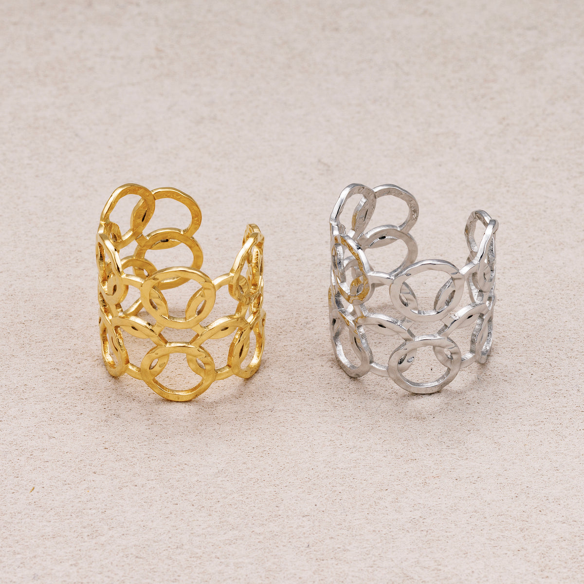 Gold PVD Stainless Steel Geometric Open Circle Link Band Adjustable Ring