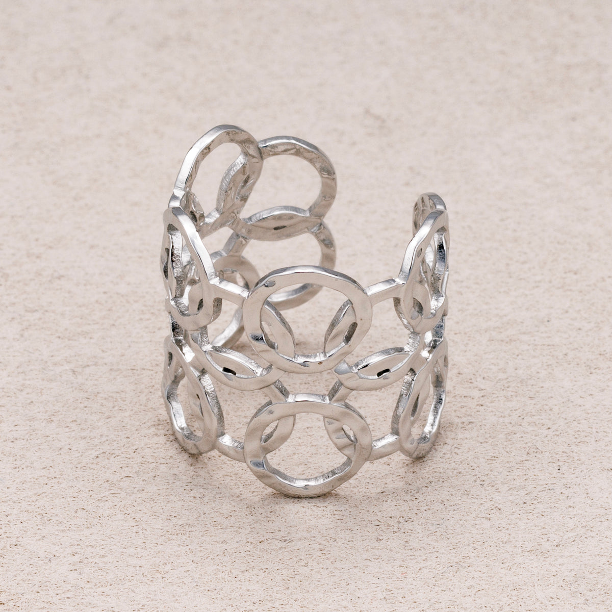 Gold PVD Stainless Steel Geometric Open Circle Link Band Adjustable Ring