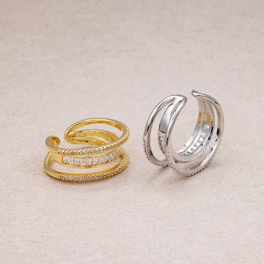 24K Gold Plated Micro Paved CZ Baguette Triple Row Adjustable Ring