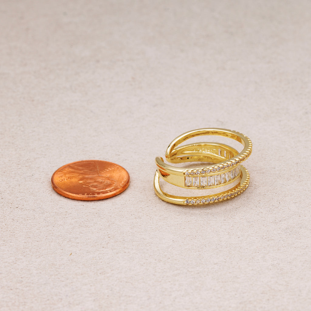 24K Gold Plated Micro Paved CZ Baguette Triple Row Adjustable Ring