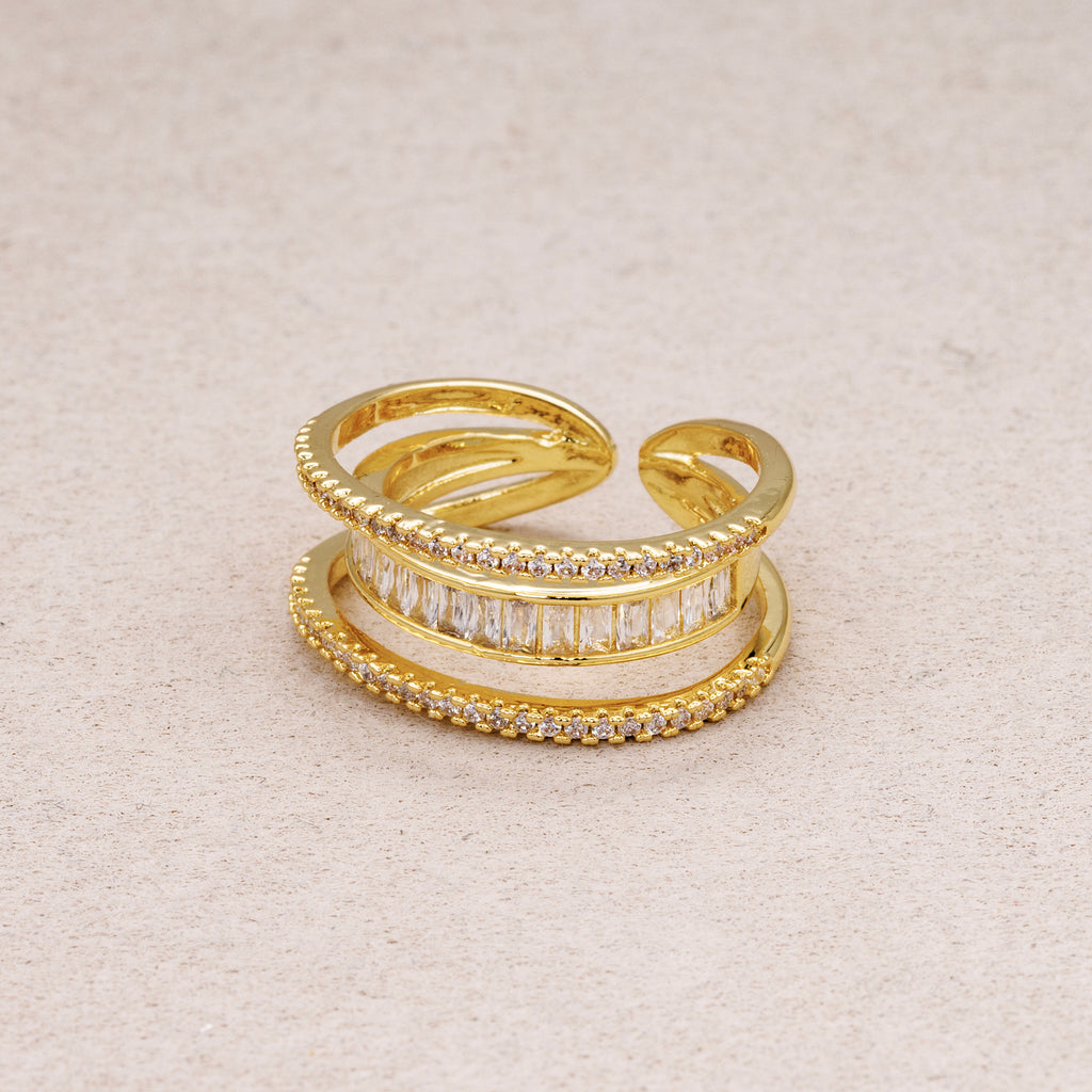 24K Gold Plated Micro Paved CZ Baguette Triple Row Adjustable Ring