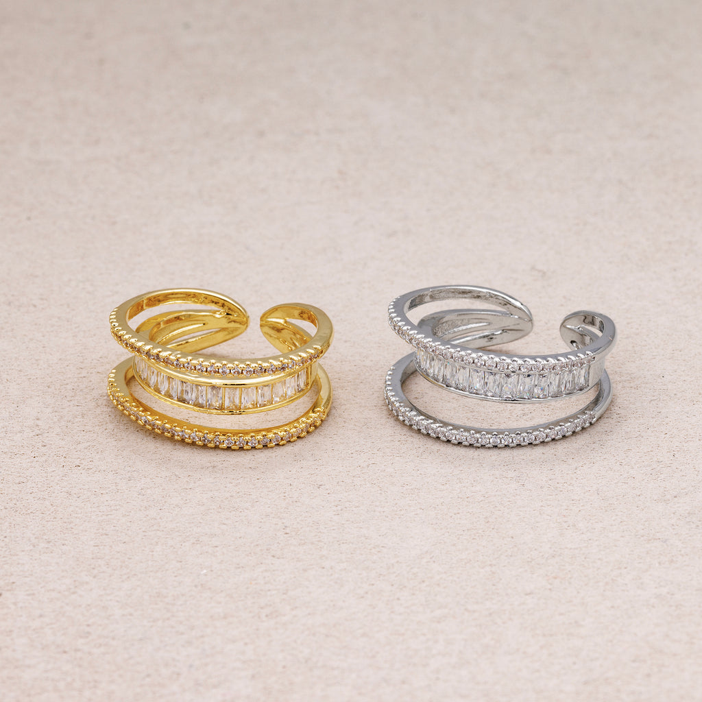 24K Gold Plated Micro Paved CZ Baguette Triple Row Adjustable Ring
