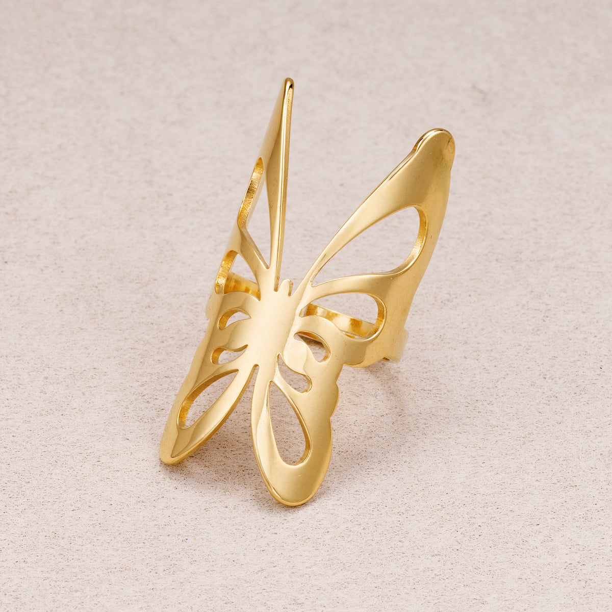 Gold PVD Stainless Steel Oversized Hollow Butterfly Adjustable Ring