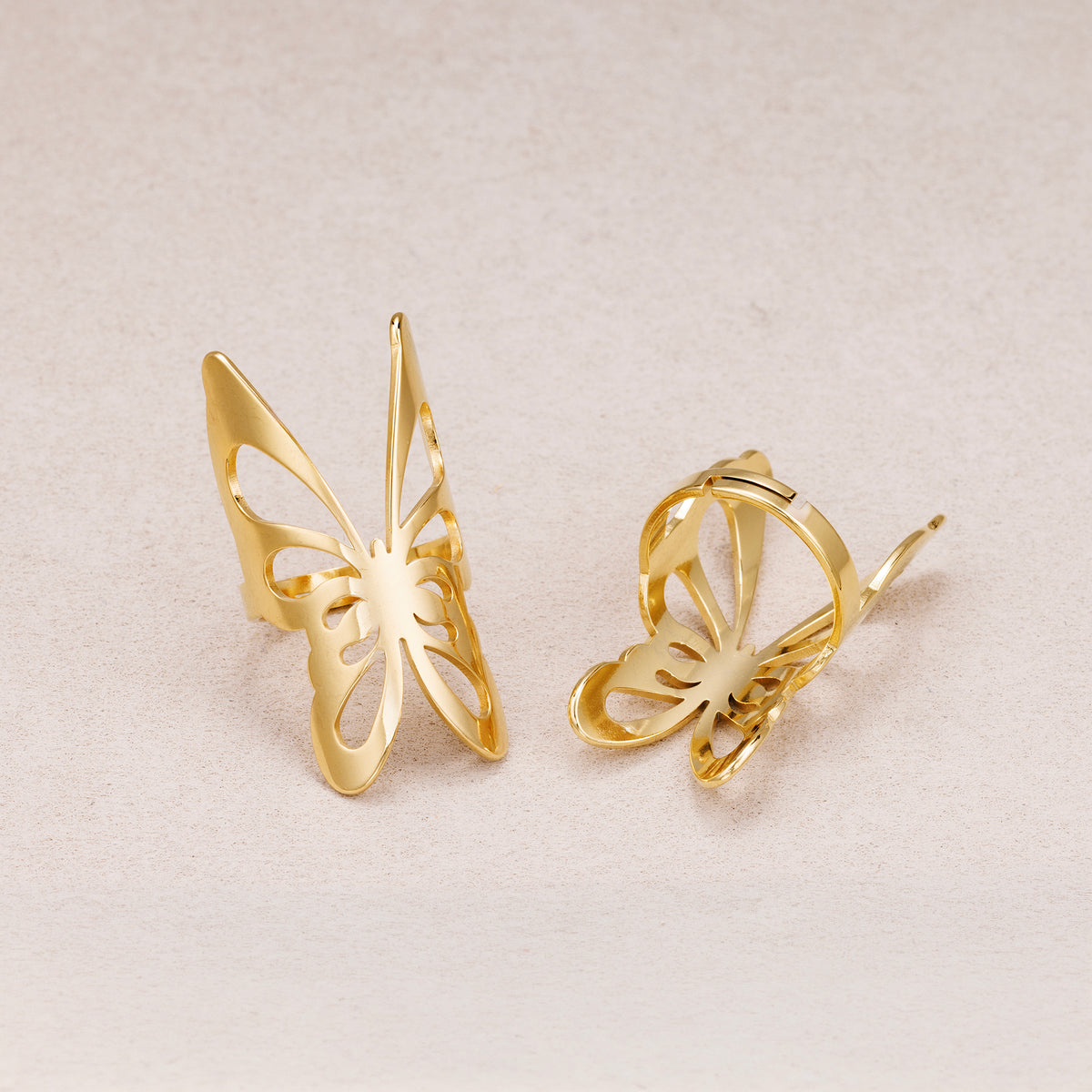 Gold PVD Stainless Steel Oversized Hollow Butterfly Adjustable Ring