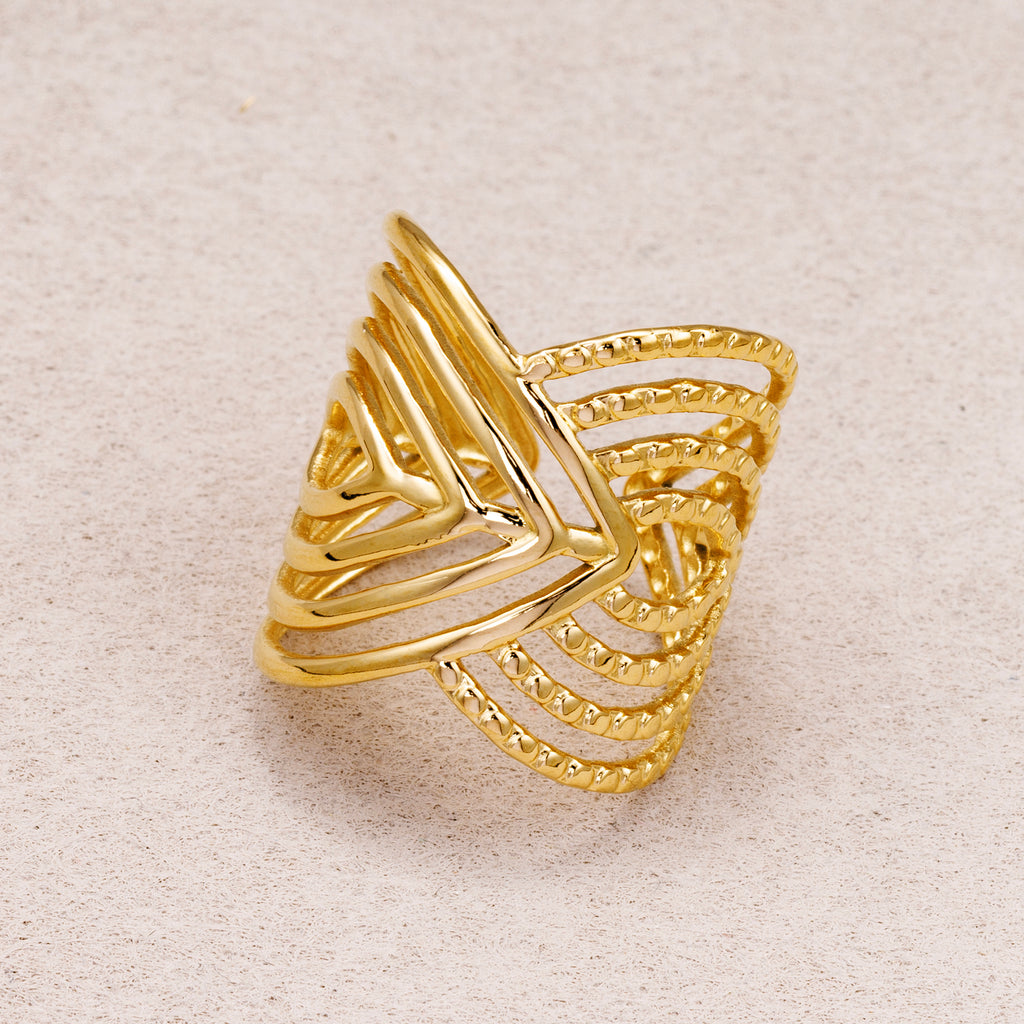 Gold PVD Stainless Steel Layer Chevron V-Shape Statement Adjustable Ring