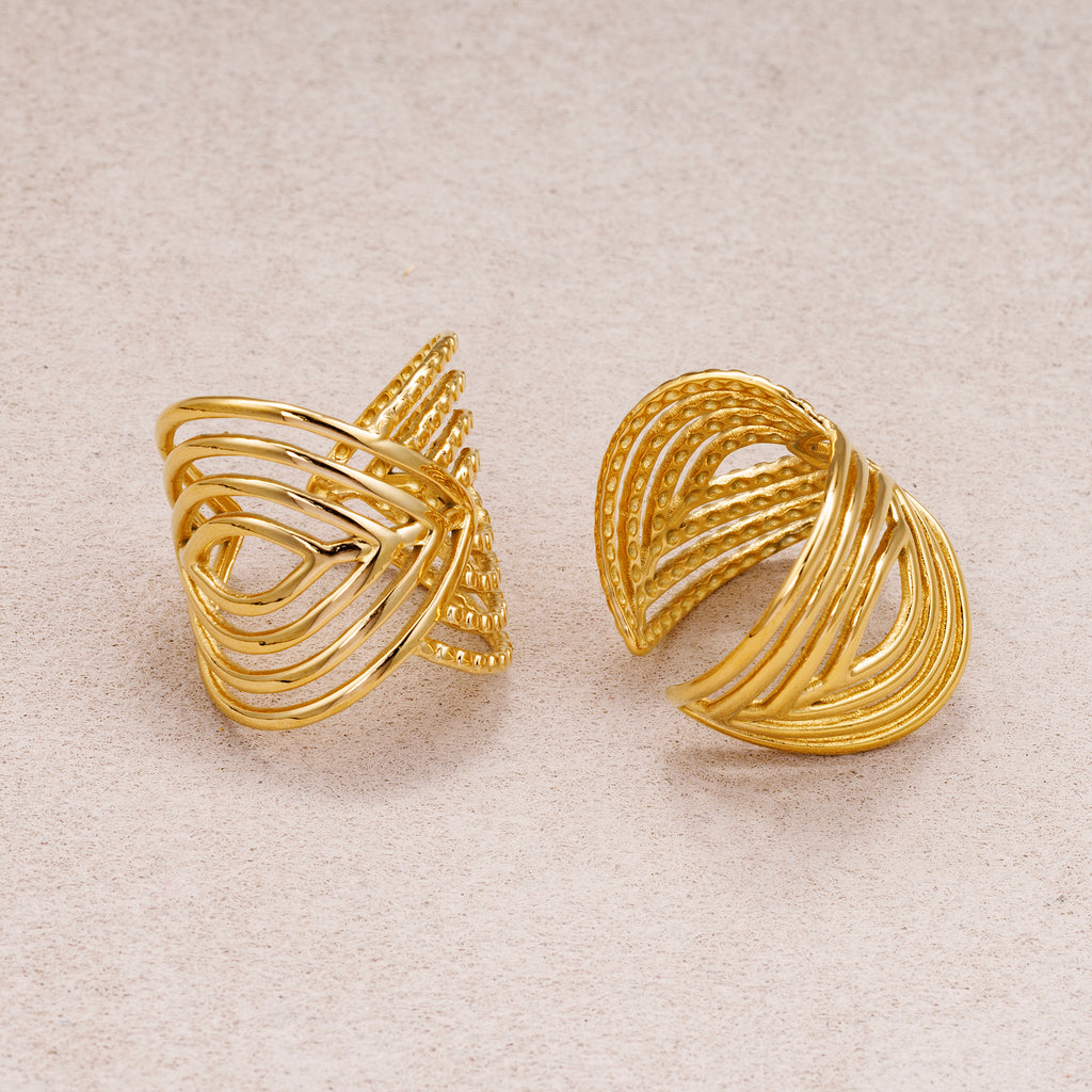 Gold PVD Stainless Steel Layer Chevron V-Shape Statement Adjustable Ring