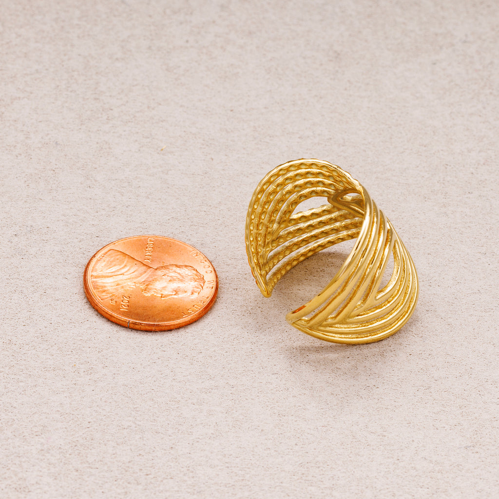 Gold PVD Stainless Steel Layer Chevron V-Shape Statement Adjustable Ring