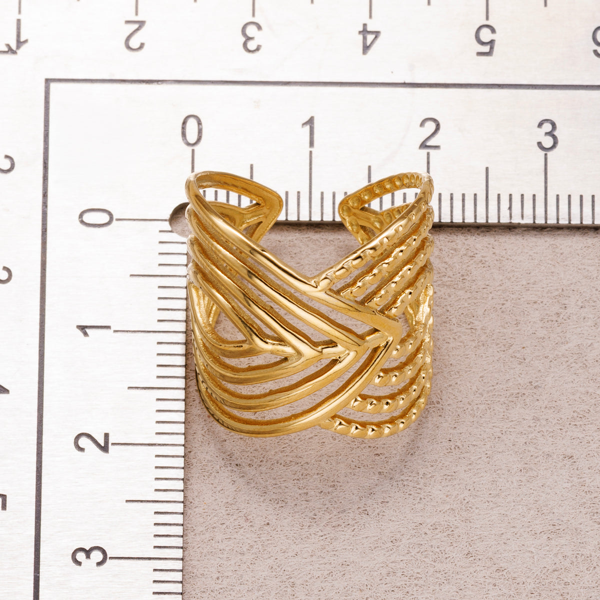 Gold PVD Stainless Steel Layer Chevron V-Shape Statement Adjustable Ring