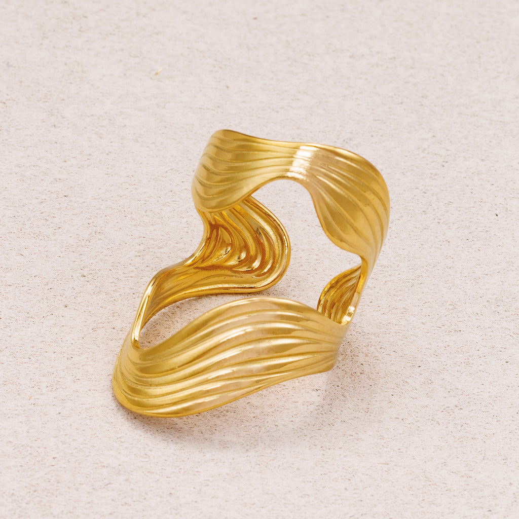 Gold PVD Stainless Steel Curved Wavy Adjustable Statement Ring
