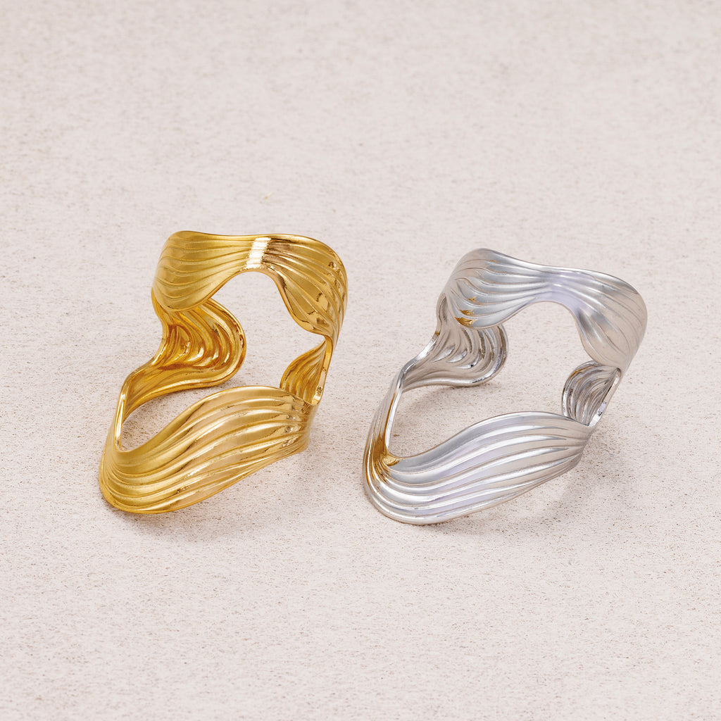 Gold PVD Stainless Steel Curved Wavy Adjustable Statement Ring