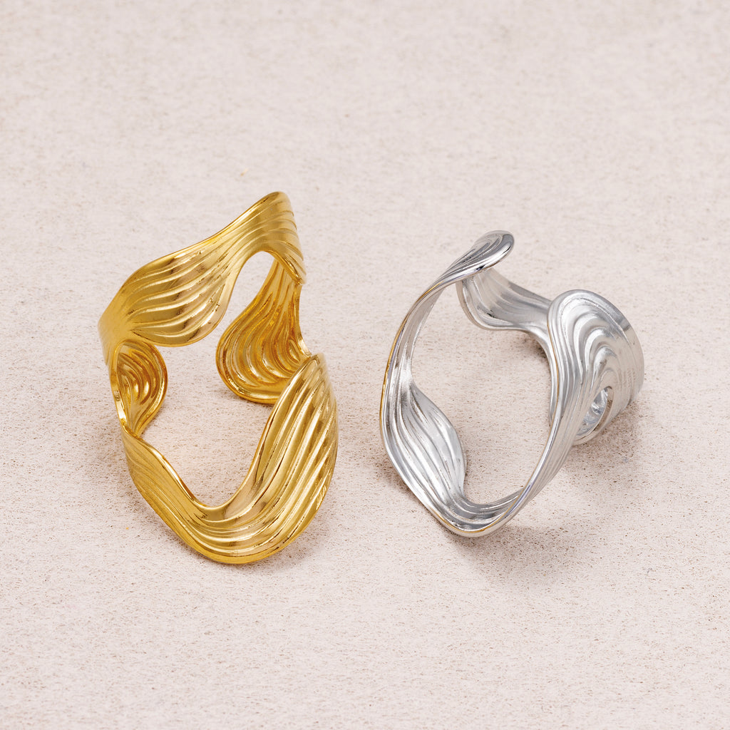 Gold PVD Stainless Steel Curved Wavy Adjustable Statement Ring