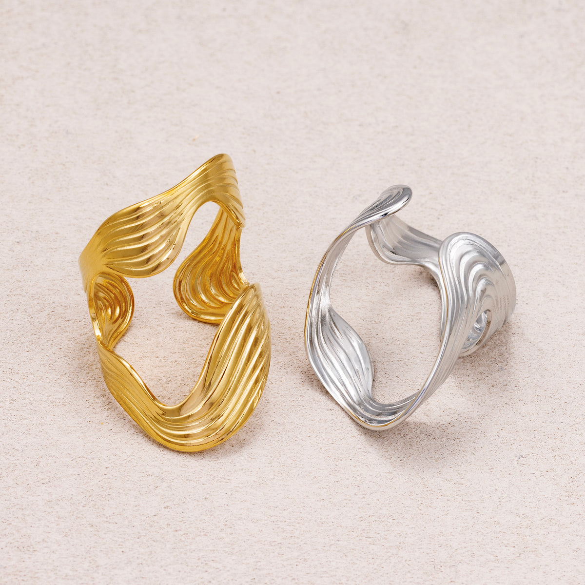 Gold PVD Stainless Steel Curved Wavy Adjustable Statement Ring