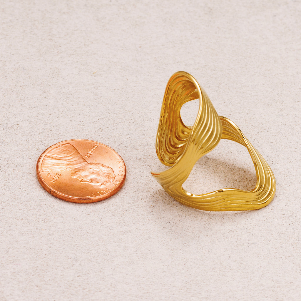 Gold PVD Stainless Steel Curved Wavy Adjustable Statement Ring