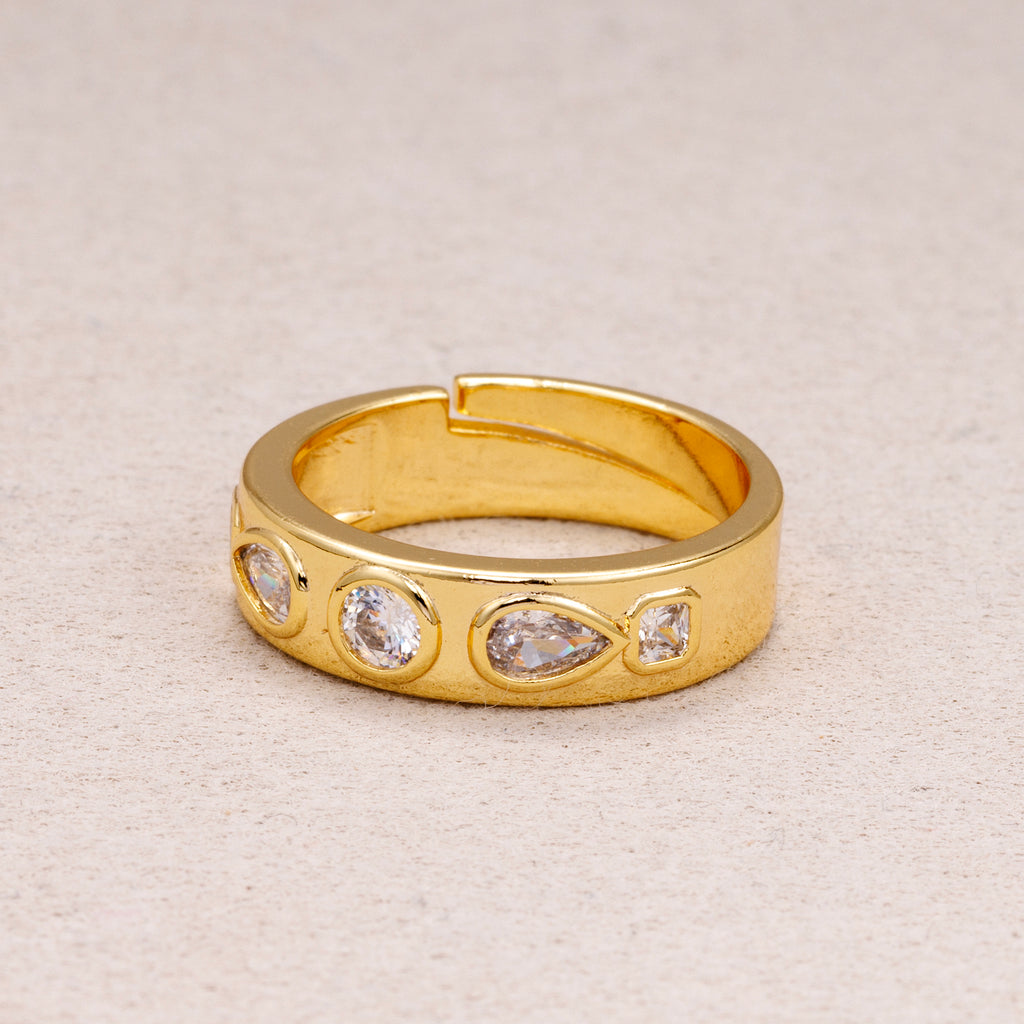 24K Gold Plated Multi Cut CZ Geometric Adjustable Ring