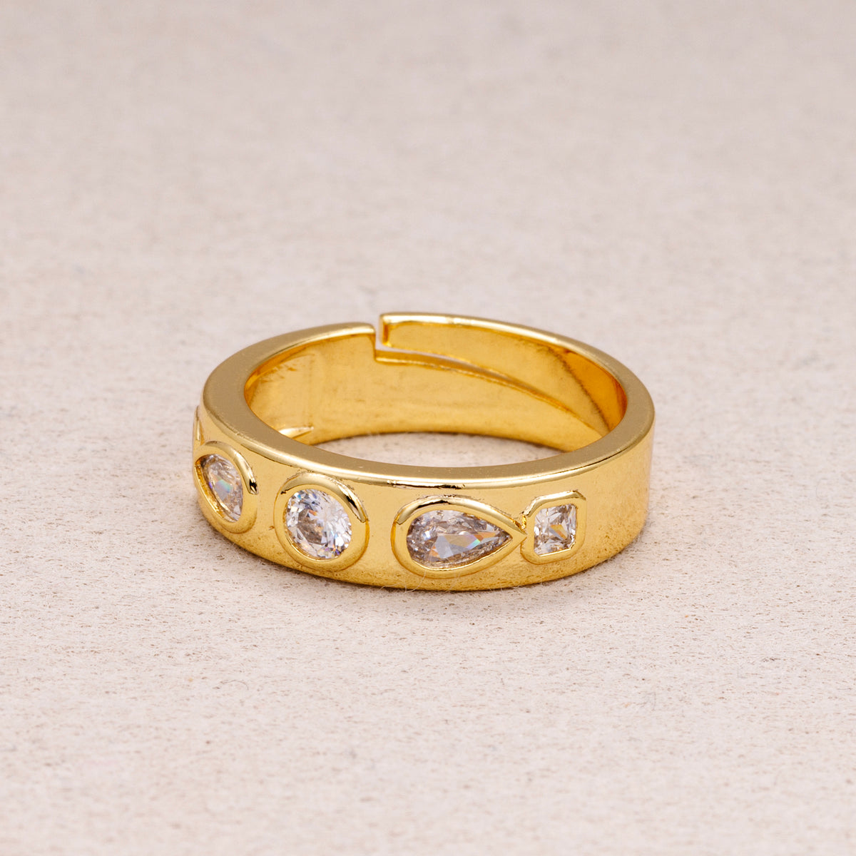 24K Gold Plated Multi Cut CZ Geometric Adjustable Ring