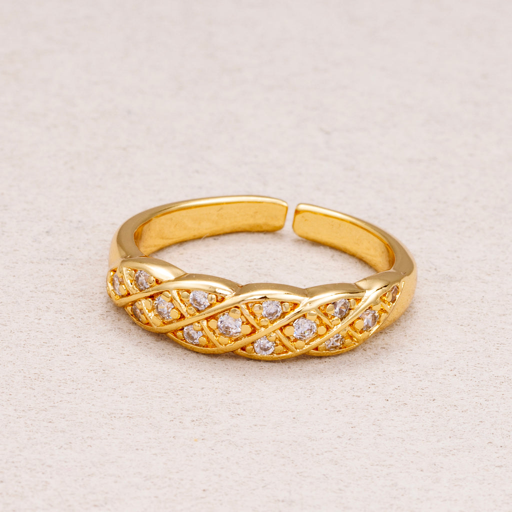 16K Gold Plated Micro Paved CZ Braided Lattice Adjustable Ring