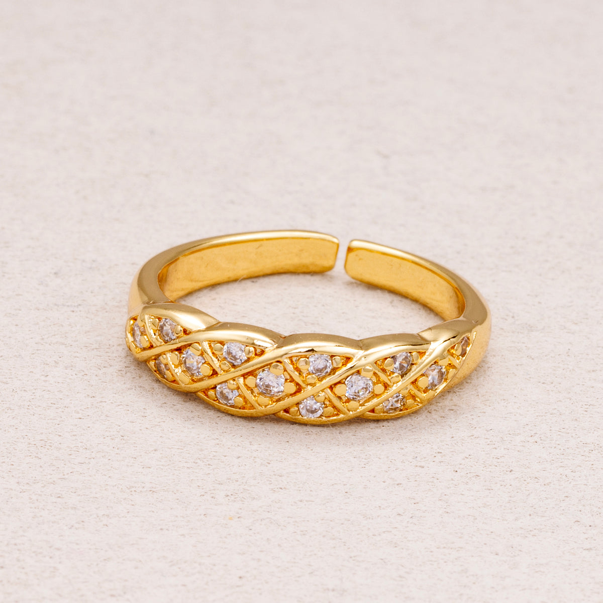 16K Gold Plated Micro Paved CZ Braided Lattice Adjustable Ring