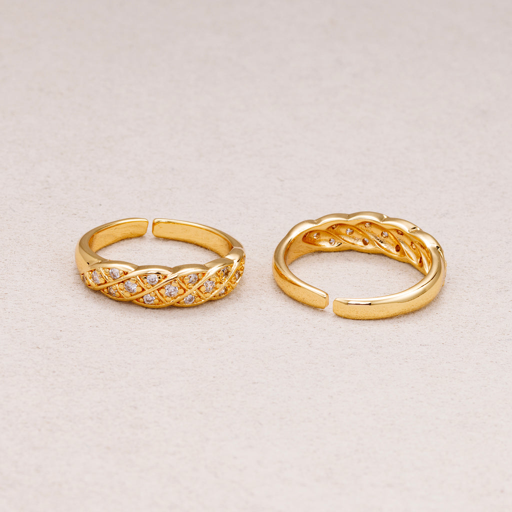 16K Gold Plated Micro Paved CZ Braided Lattice Adjustable Ring