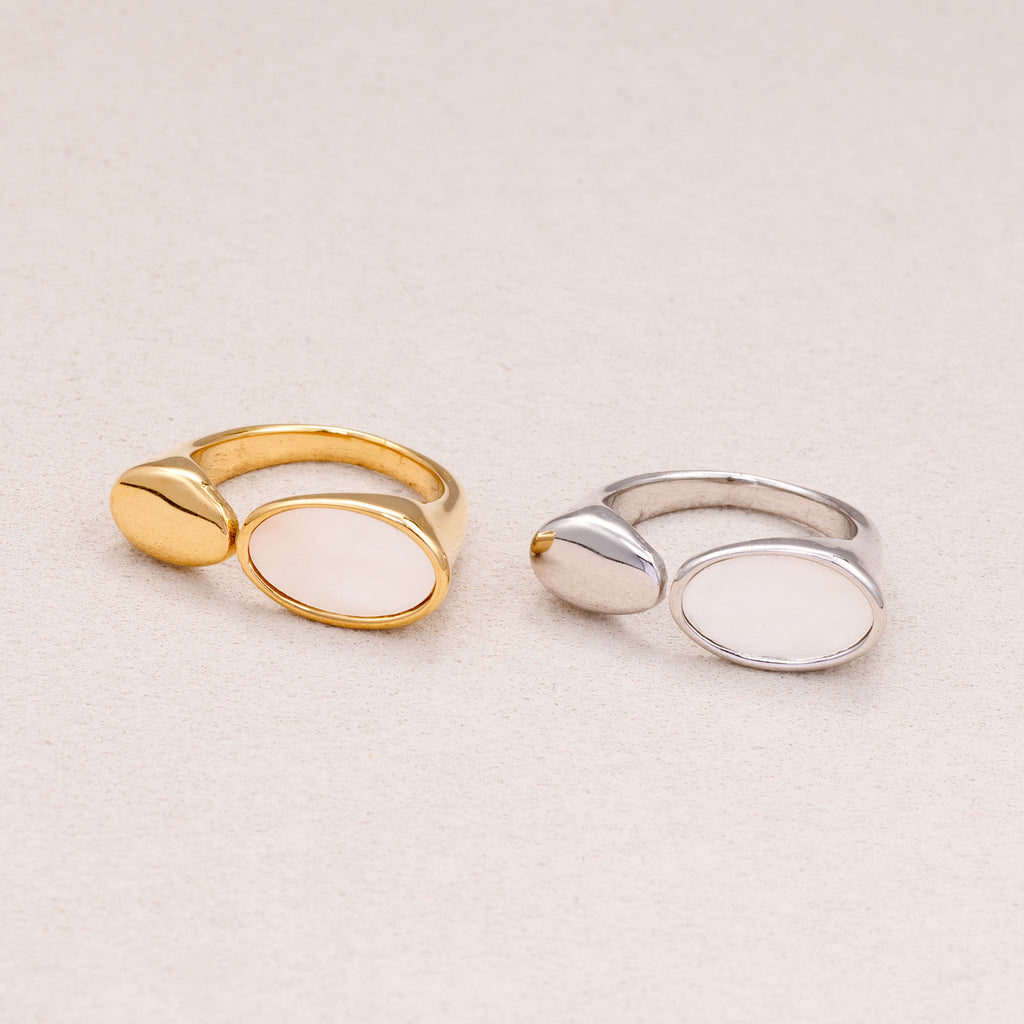 Gold PVD Stainless Steel Oval Mother of Pearl Open Bypass Ring