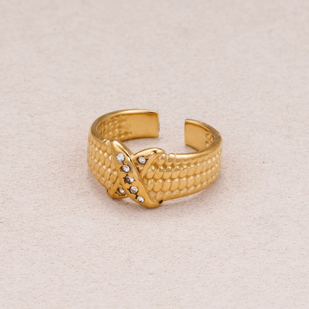 Gold PVD Stainless Steel Micro Paved CZ Crossed Line Rope Textured Adjustable Ring
