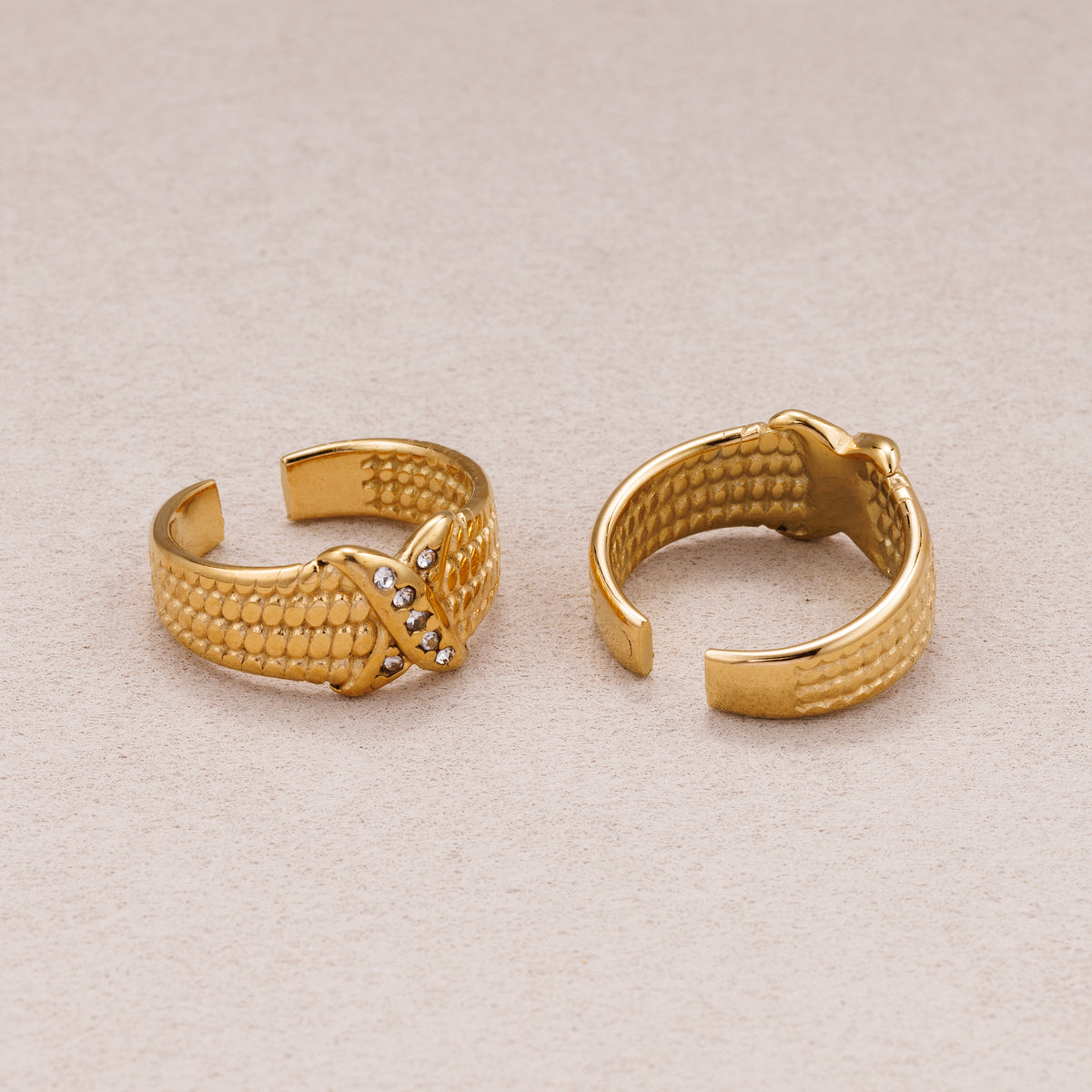 Gold PVD Stainless Steel Micro Paved CZ Crossed Line Rope Textured Adjustable Ring