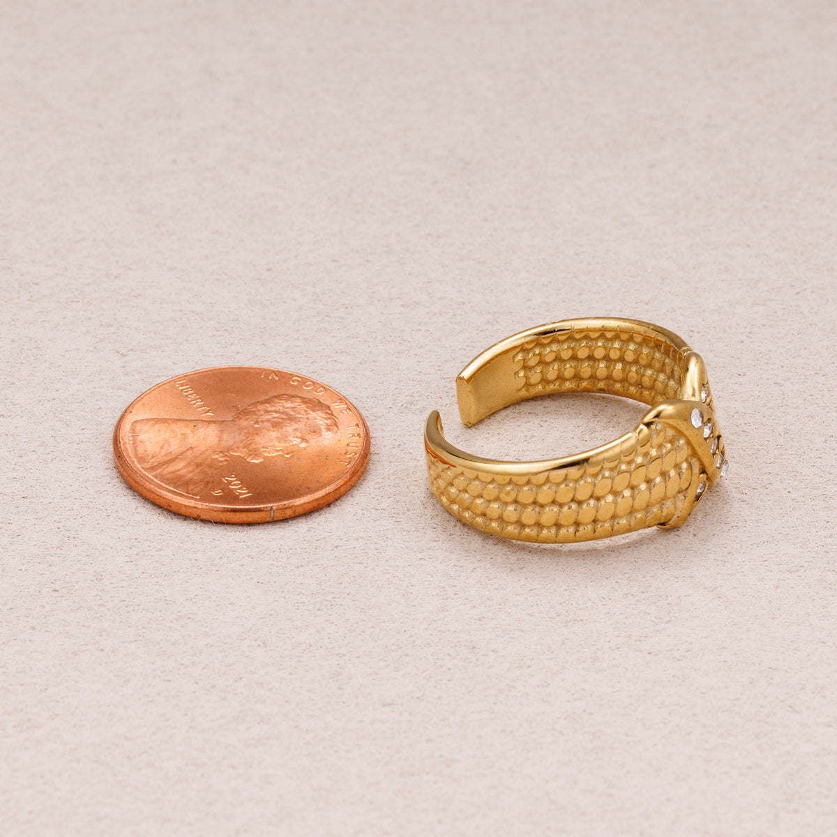 Gold PVD Stainless Steel Micro Paved CZ Crossed Line Rope Textured Adjustable Ring