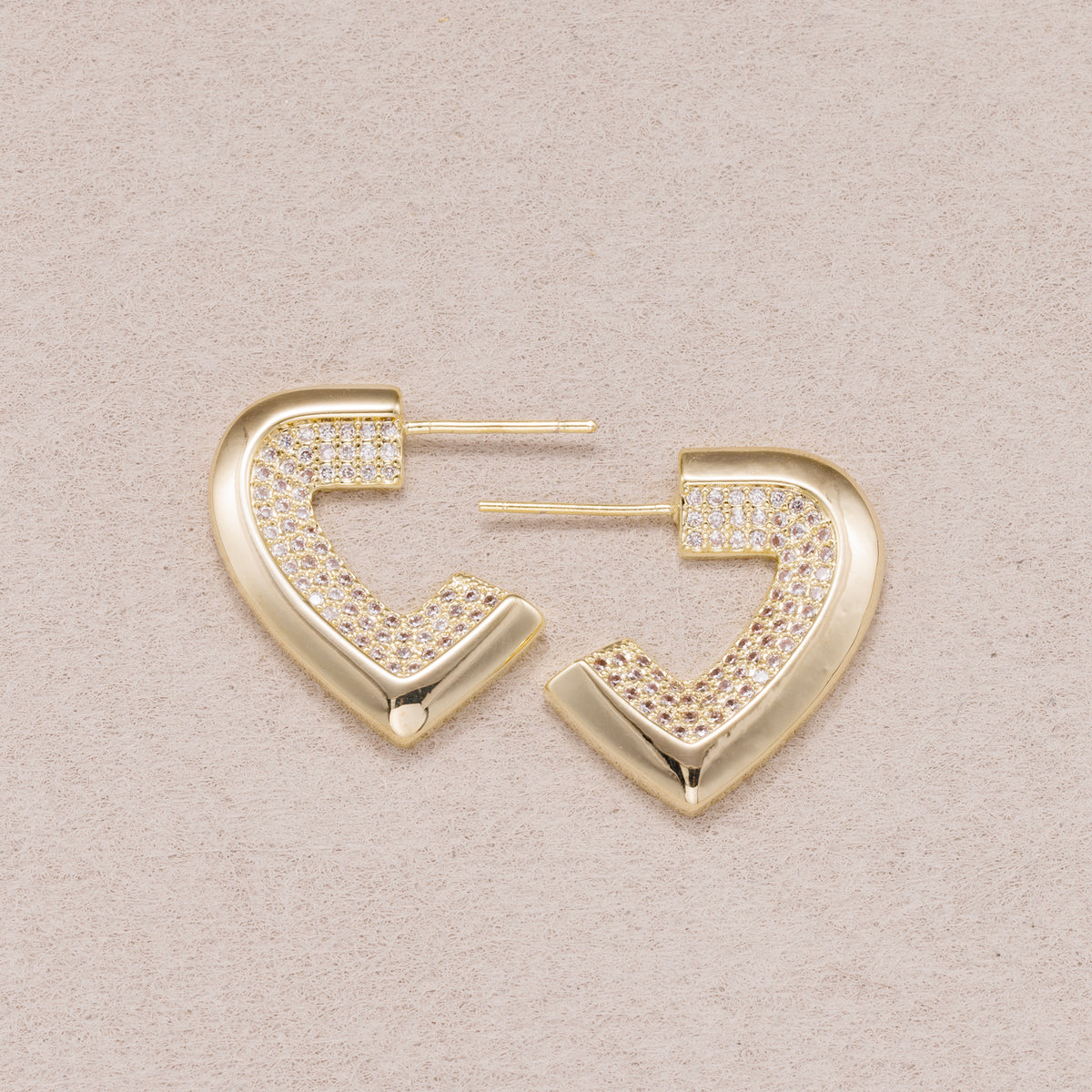 Gold PVD Stainless Steel Micro Paved CZ Geometric Half Love Heart Stud Earrings