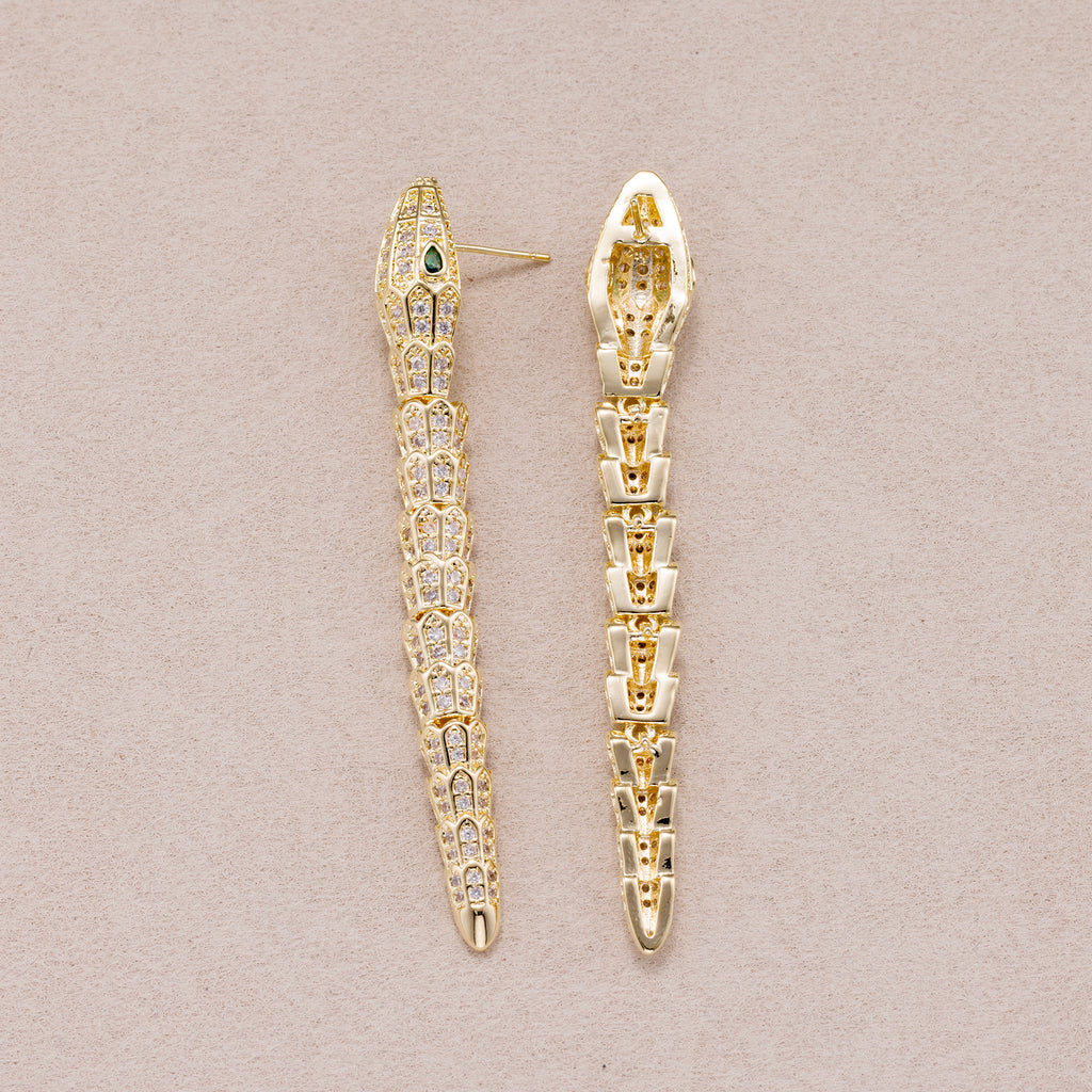 Gold PVD Stainless Steel Micro Paved CZ Serpent Ear Crawler Stud Earrings