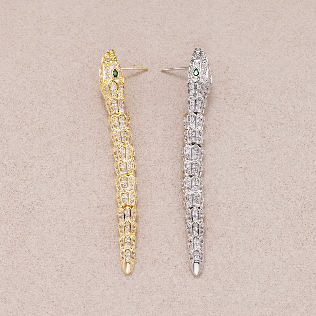 Gold PVD Stainless Steel Micro Paved CZ Serpent Ear Crawler Stud Earrings