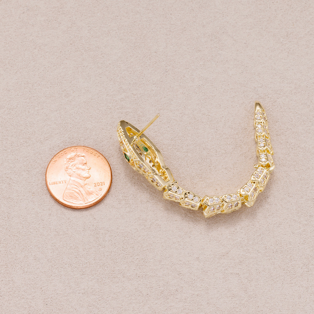 Gold PVD Stainless Steel Micro Paved CZ Serpent Ear Crawler Stud Earrings