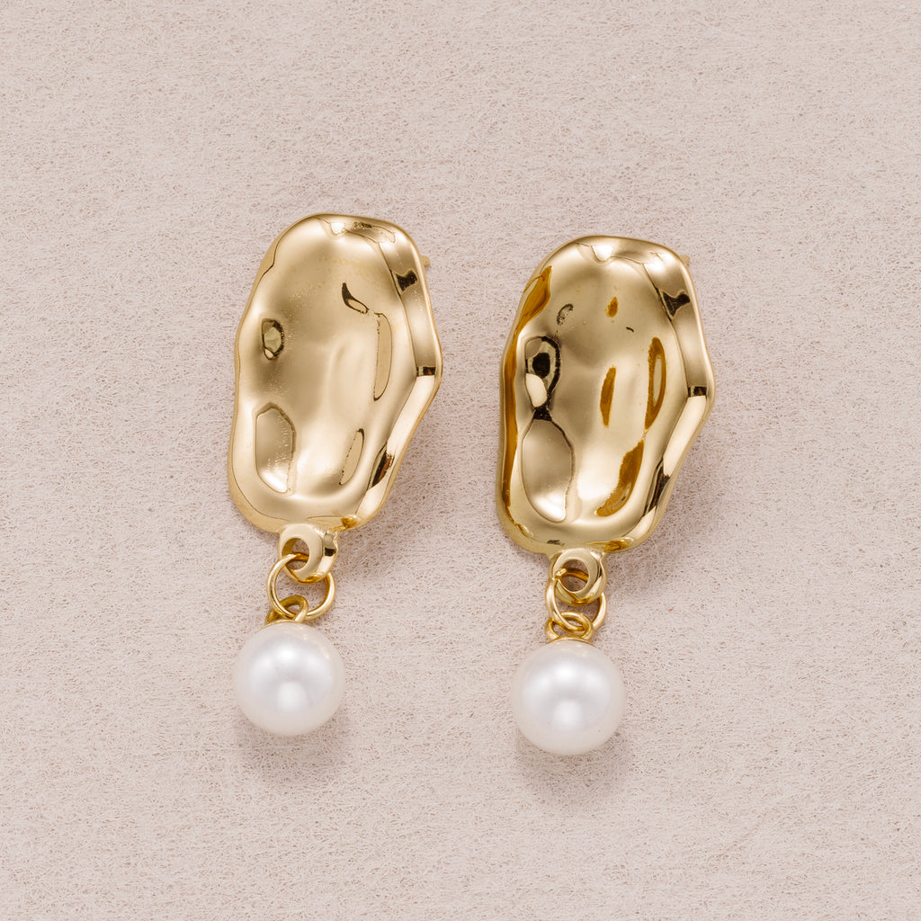Gold PVD Stainless Steel Shell Pearl Molten Irregular Oval Drop Stud Earrings