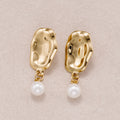 Gold PVD Stainless Steel Shell Pearl Molten Irregular Oval Drop Stud Earrings