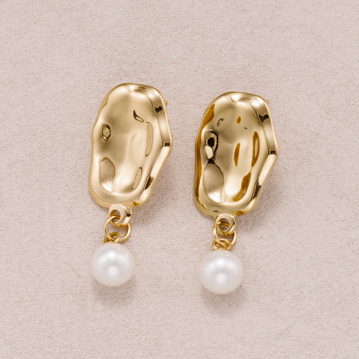 Gold PVD Stainless Steel Shell Pearl Molten Irregular Oval Drop Stud Earrings