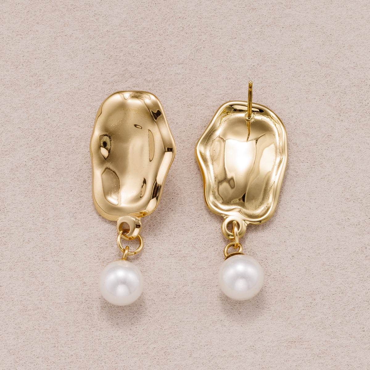 Gold PVD Stainless Steel Shell Pearl Molten Irregular Oval Drop Stud Earrings