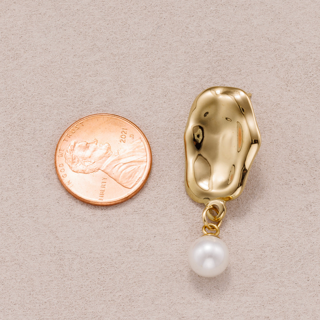 Gold PVD Stainless Steel Shell Pearl Molten Irregular Oval Drop Stud Earrings