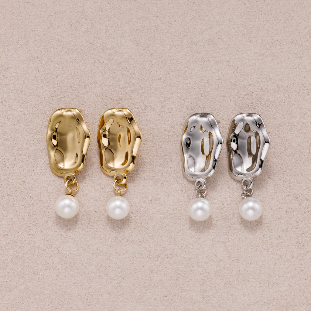 Gold PVD Stainless Steel Shell Pearl Molten Irregular Oval Drop Stud Earrings