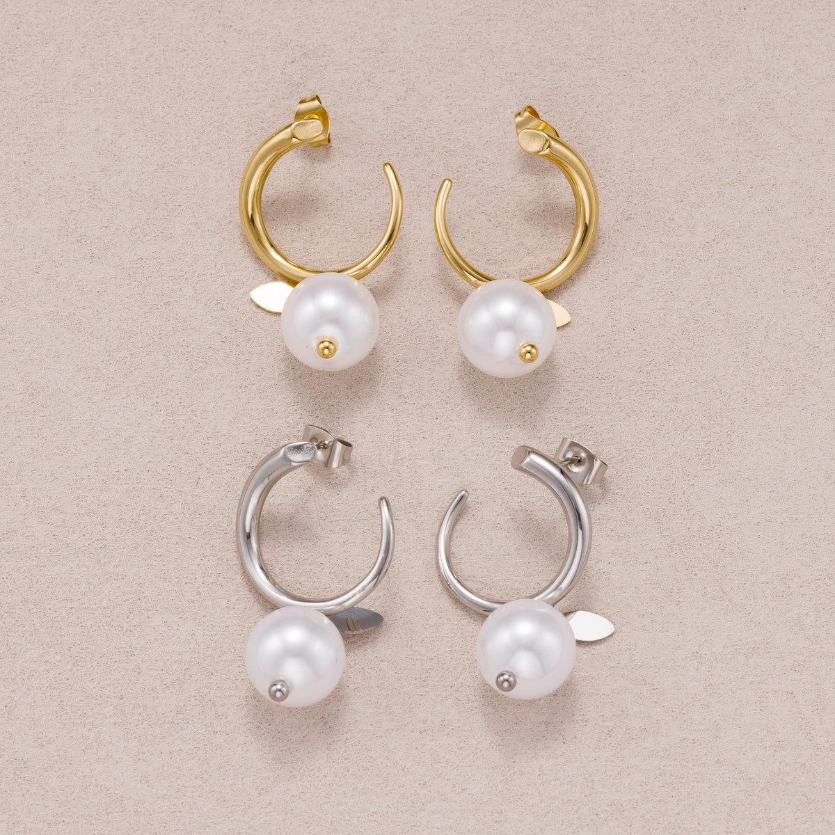 Gold PVD Stainless Steel Shell Pearl Drop C Stud Earrings