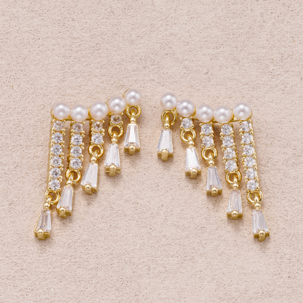 24K Gold Plated Shell Pearl Micro Paved CZ Fringed Ear Jackets Stud Earrings