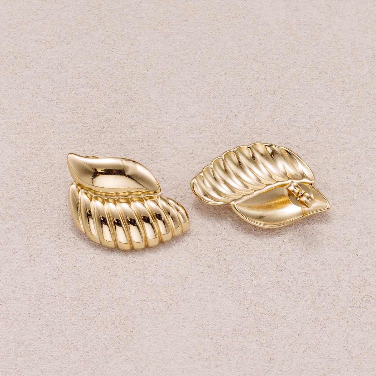 Gold PVD Stainless Steel Ribbed Textured Wings Stud Earrings