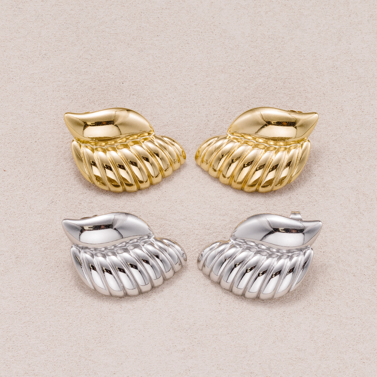 Gold PVD Stainless Steel Ribbed Textured Wings Stud Earrings