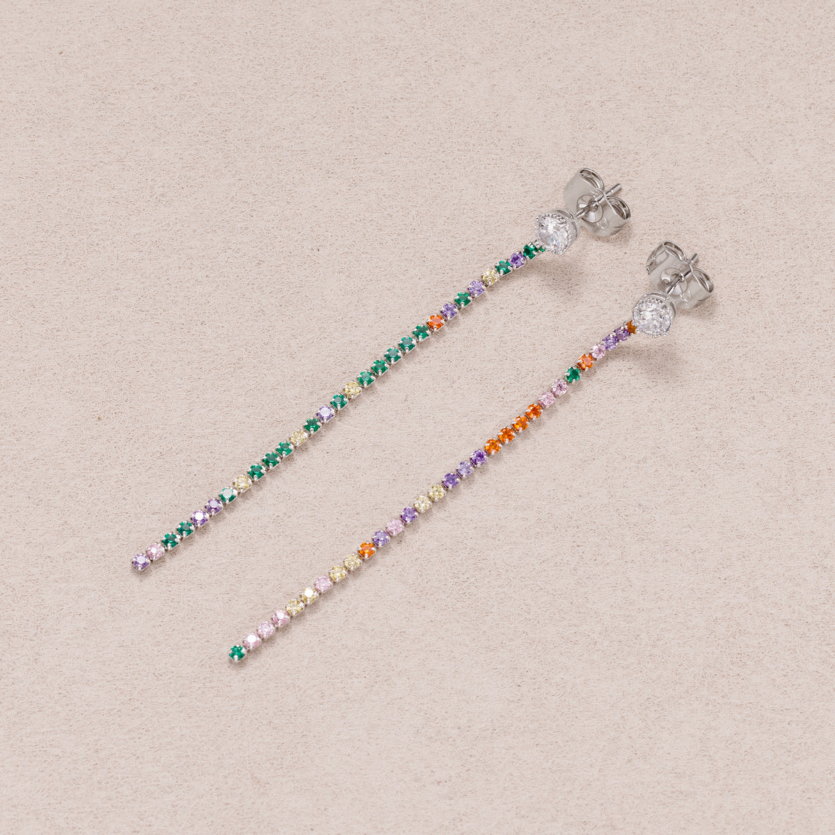 Rhodium Plated Micro Paved CZ Rainbow Linear Drop Stud Earrings